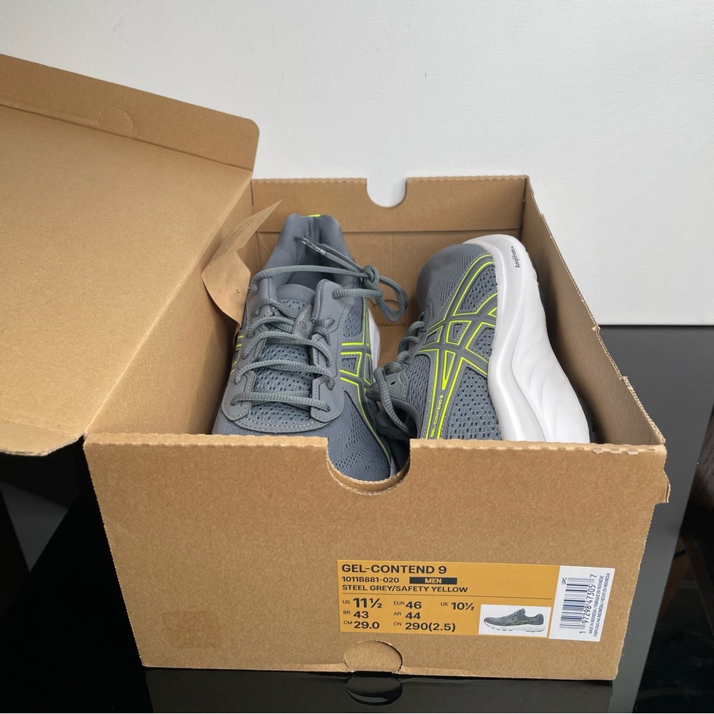 ASICS Gel-Contend 9 Men 11.5 Steel Grey Saftey Yellow Running Athletic Shoes NEW - Picture 3 of 9